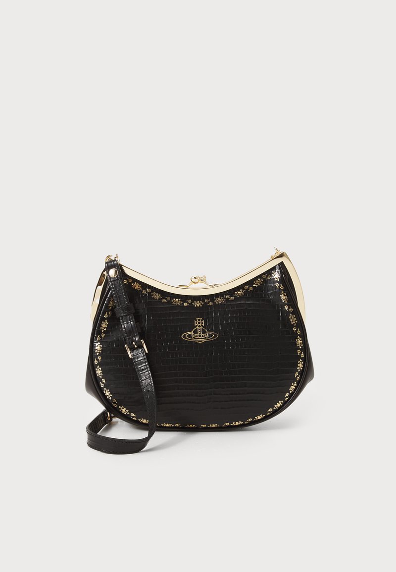 Black faux-crocodile handbag with a gold-tone clasp and floral accents, featuring an adjustable strap and rounded shape.