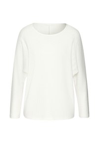 Langärmliger, weißer, strukturierter Strickpullover mit Rundhalsausschnitt und entspannter Passform, frontseitig vor einem einfarbigen Hintergrund gezeigt.