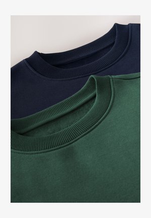 Bomulds-sweatshirts med rund hals i marineblå og mørkegrøn, med ribbede kraver og bløde, glatte teksturer.