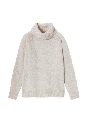Pull en maille épaisse rose clair avec col montant et poignets côtelés. Coupe décontractée, surface texturée et léger motif chiné.