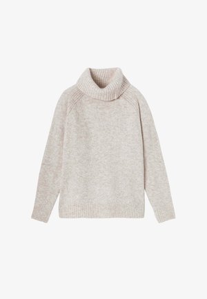 Pull en maille épaisse rose clair avec col montant et poignets côtelés. Coupe décontractée, surface texturée et léger motif chiné.
