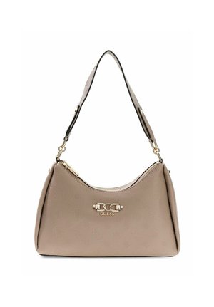 Borsa a tracolla Guess beige con loghi in rilievo, ferrature color oro e una singola tracolla regolabile, chiusa con una cerniera superiore.