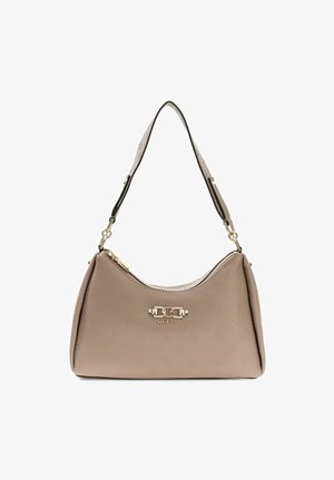 Borsa a tracolla Guess beige con loghi in rilievo, ferrature color oro e una singola tracolla regolabile, chiusa con una cerniera superiore.