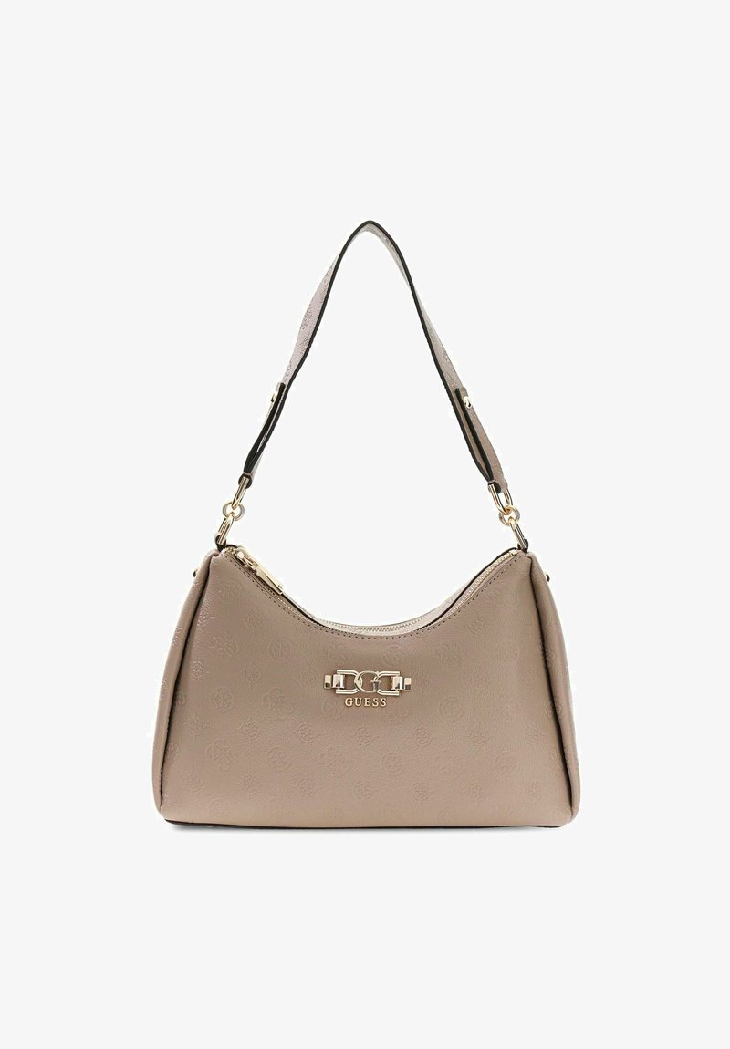 Sac bandoulière beige Guess avec logos embossés, ferrures dorées et une seule sangle ajustable, fermé par une fermeture éclair supérieure.