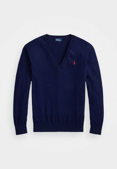 Navy blue V-neck long-sleeve sweater with red embroidered Polo Ralph Lauren logo on the left chest, laid flat on a white background.
