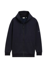 Marineblauwe zip-up hoodie met verstelbare trekkoord capuchon, voorzakken, ribgebreide manchetten en een gladde, gestructureerde stofafwerking.