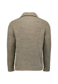 Achteraanzicht van een lange mouwen, gebreide beige-grijze trui met een opgerolde kraag en een gestructureerd stoffen patroon.