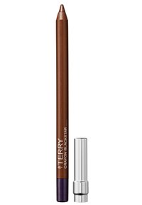 Crayon eyeliner brun avec un capuchon argent métallique. Le crayon dispose d'une pointe fine, d'une texture lisse et d'une étiquette de marque imprimée en blanc.