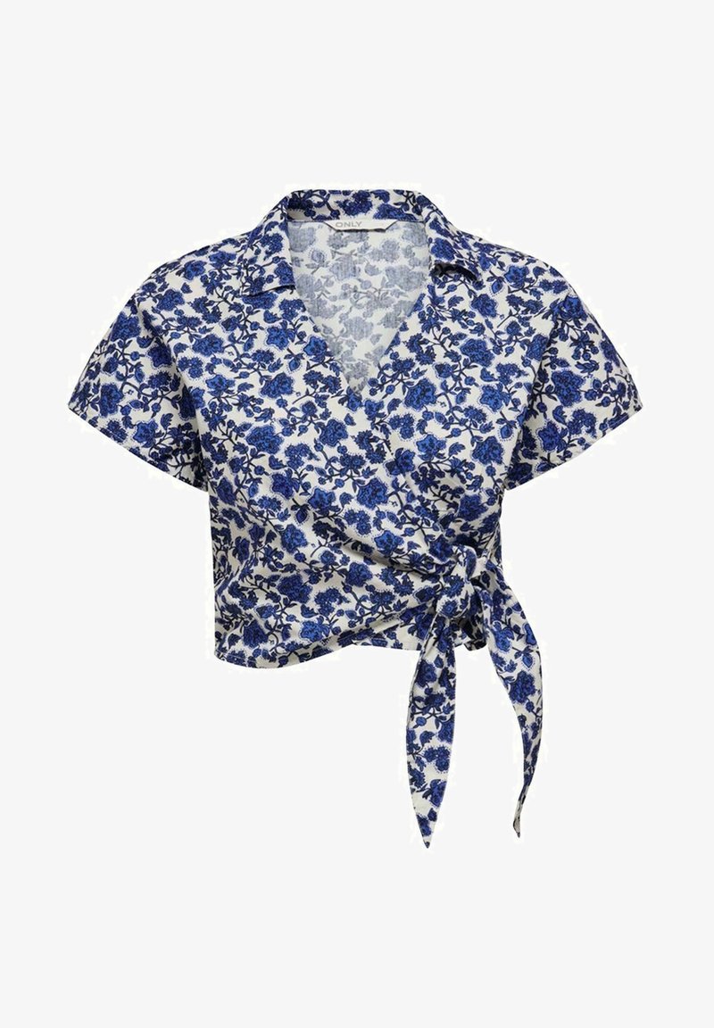 Blouse courte à manches courtes blanches avec imprimé floral bleu et détail noué à la taille, dotée d'un col et d'un décolleté en V.