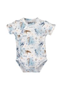 Korte mouwen babyromper in lichtblauw met een zee-thema print met zeepaardjes, kwal en octopussen. Drukknoopsluiting aan de zijkant.