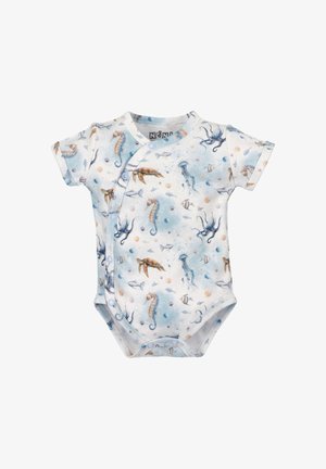 Short-sleeve baby bodysuit in light blue with a sea-themed print featuring seahorses, jellyfish, and octopuses. Snap closure on the side.