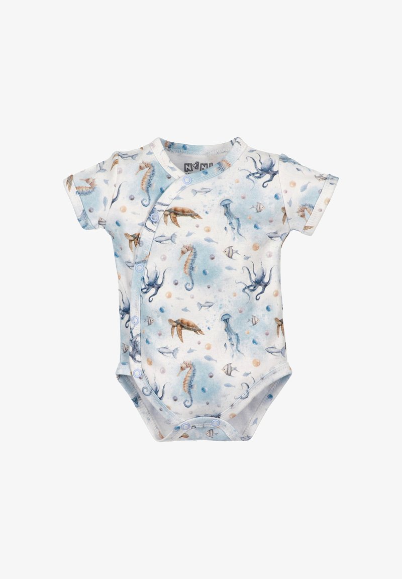 Short-sleeve baby bodysuit in light blue with a sea-themed print featuring seahorses, jellyfish, and octopuses. Snap closure on the side.