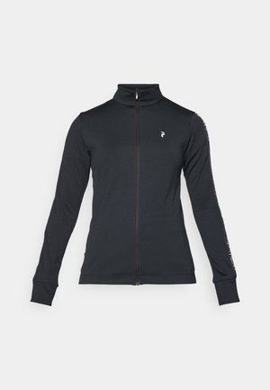 Black zip-up jacket made of soft fabric, featuring a high collar, long sleeves, and side stripe detailing. Logo on the left chest.