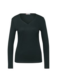 Dlouhý rukáv, top s výstřihem do V vyrobený z hladké černé látky. Má přiléhavý střih s jednoduchým designem, bez vzorů nebo dalších akcentů.