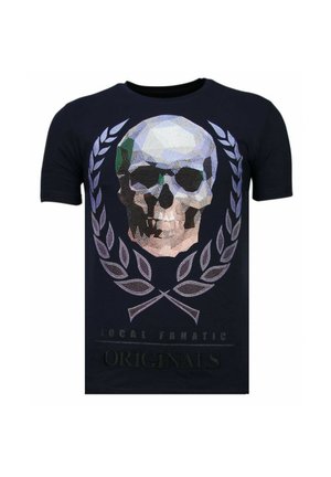 Zwart T-shirt met een groot geometrisch schedelontwerp omringd door lauwerkransen en de woorden "Local Fanatic Originals" eronder.