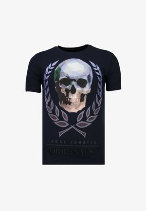 Zwart T-shirt met een groot geometrisch schedelontwerp omringd door lauwerkransen en de woorden "Local Fanatic Originals" eronder.