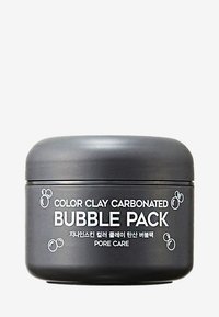 Pot en plastique noir avec un couvercle lisse et arrondi, ornée d'un texte blanc en gras indiquant "Color Clay Carbonated Bubble Pack" et des accents de bulles.