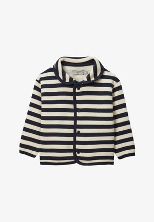 Cardigan en maille rayée bleu marine et crème, doté d'un col arrondi, de manches longues et de boutons sur le devant. Texture douce.