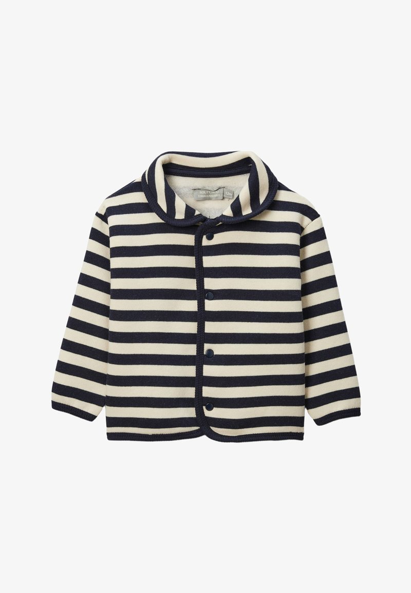 Cardigan en maille rayée bleu marine et crème, doté d'un col arrondi, de manches longues et de boutons sur le devant. Texture douce.