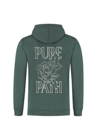 Groene hoodie met een rozenafbeelding en de tekst "PURE PATH" in het wit. Katoenen materiaal met geribbelde boorden en een capuchon met trekkoord.