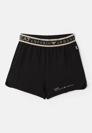 Shorts sportivi neri con una cintura elastica beige a contrasto, dotata di testo e logo del marchio, due tasche laterali e una texture liscia.