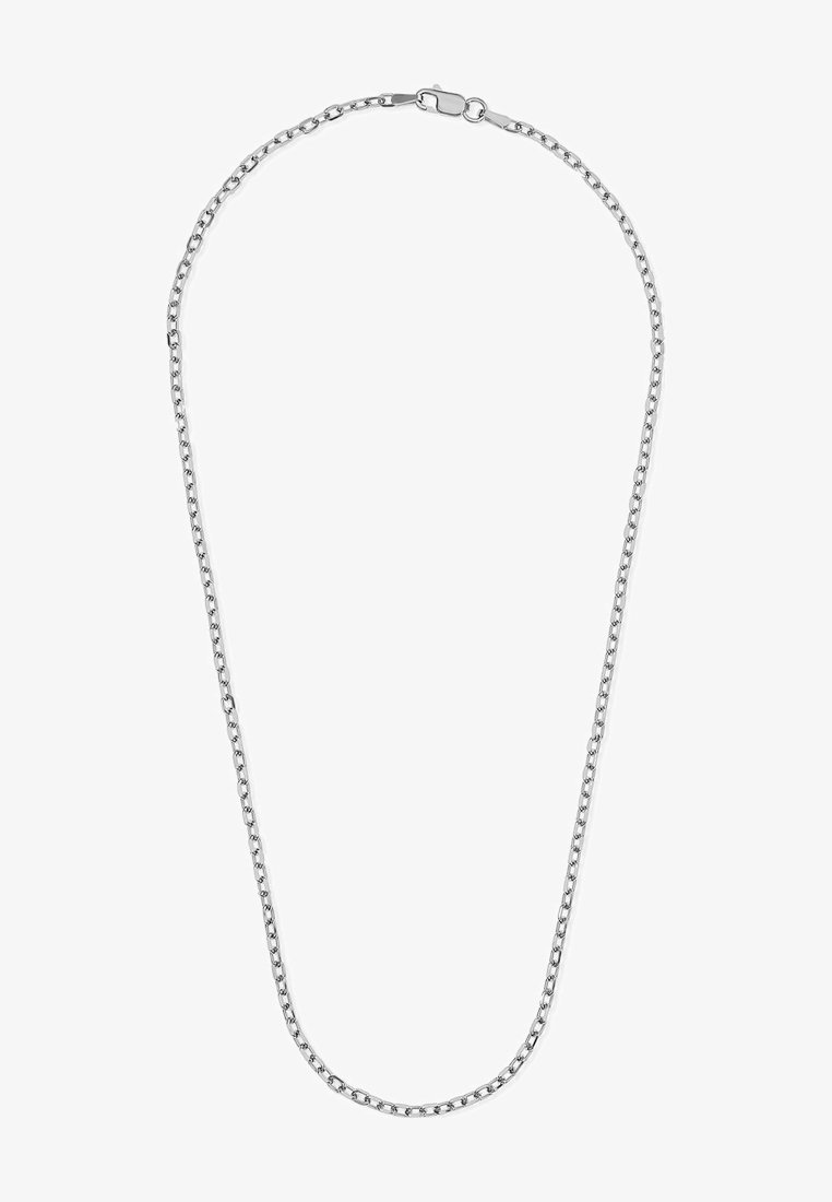 Silberner Metallkettenschmuck, bestehend aus verbundenen ovalen Formen, mit glatter Oberfläche und einem sicheren Verschluss an einem Ende.