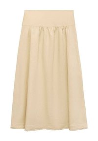 Gonna midi beige realizzata in tessuto leggero, con vita elastica, design arricciato e orlo con una sottile frangia decorativa.