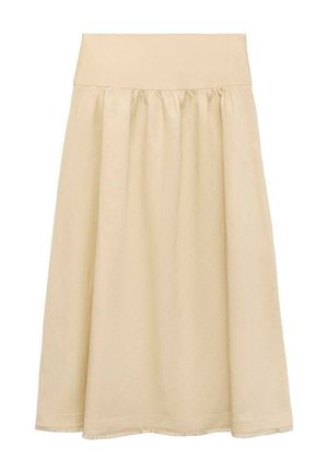 Gonna midi beige realizzata in tessuto leggero, con vita elastica, design arricciato e orlo con una sottile frangia decorativa.