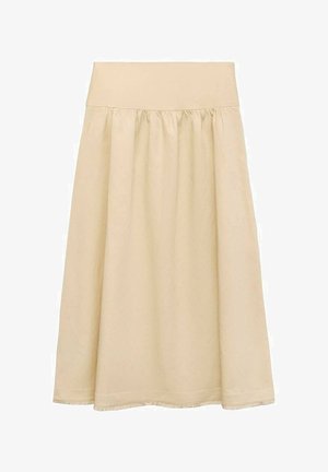 Gonna midi beige realizzata in tessuto leggero, con vita elastica, design arricciato e orlo con una sottile frangia decorativa.