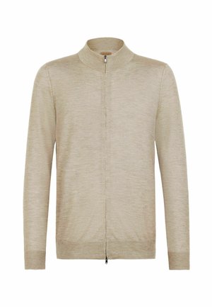 Beige zip-up tröja med hög krage, tillverkad av mjukt tyg. Har långa ärmar och en lätt textur med en minimalistisk design.