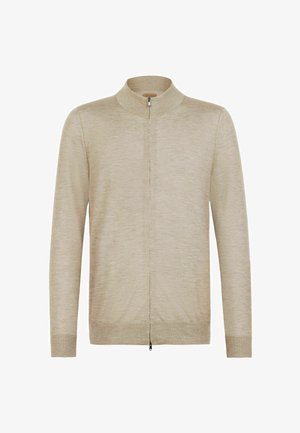 Beige zip-up tröja med hög krage, tillverkad av mjukt tyg. Har långa ärmar och en lätt textur med en minimalistisk design.