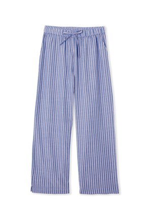 Blauwe en witte gestreepte pyjamabroek, met een trekkingkoord in de taille, een wijd broekontwerp en zachte, lichte stof.