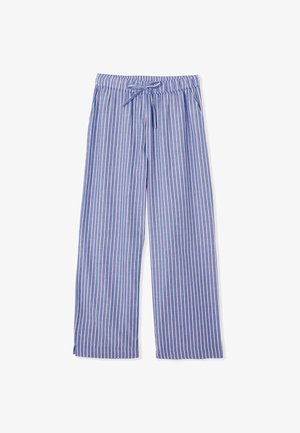 Niebieskie i białe paskowane spodnie piżamowe, z elastycznym paskiem na sznurku, szerokimi nogawkami i miękkim, lekkim materiałem.