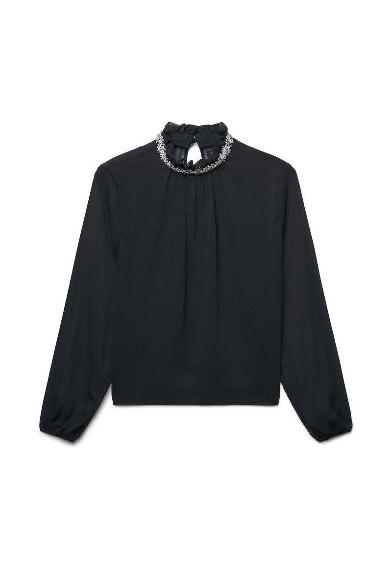 Schwarze Bluse mit langen Ärmeln, Faltenwurf-Design, hohem Rüschenkragen und dekorativem, mit Perlen besetztem Kragen. Glattes, leichtes Material.