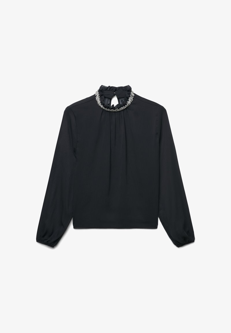 Blusa nera a maniche lunghe con design plissettato, colletto alto arricciato e colletto decorativo con perline. Tessuto morbido e leggero.