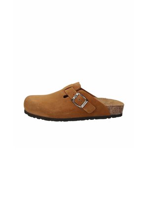 Zoccolo in pelle scamosciata marrone con fibbia argentata e sottopiede in sughero, mostrato di lato su sfondo bianco.