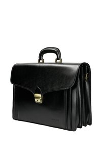 Czarna skórzana teczka z górnym uchwytem, złotym zamkiem zatrzaskowym i trzema rozszerzalnymi przegródkami.