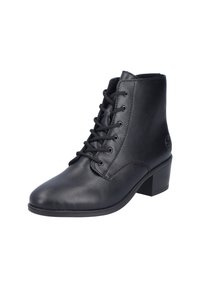 Bottine en cuir noir à bout rond, à lacets à l'avant et à talon bas en bloc. Présente des détails de couture et un logo sur le côté.