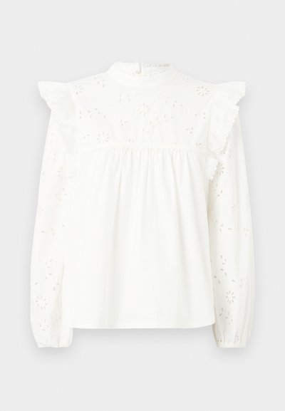 Valge puuvillane pluus pikkade varrukatega, volangidega õlgadel, pitsist äärisega ja lillekestega brodeeringud ees ja varrukatel.