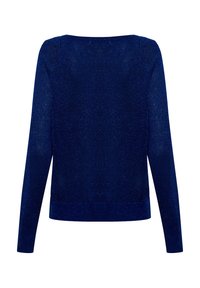 Marineblaues Langarmpullover mit einer strukturierten, schimmernden Oberfläche. Verfügt über einen runden Ausschnitt und einen geraden Saum.