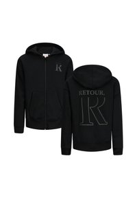 Felpa nera con zip realizzata in tessuto morbido, dotata di una tasca frontale, cappuccio e la scritta "RETOUR." con un grande logo "R" sul retro.