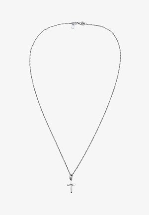 Silberne Halskette mit einer verdrehten Kette und einem kleinen Kreuzanhänger. Die Kette ist zart und verfügt über einen Karabinerhaken als Verschluss.