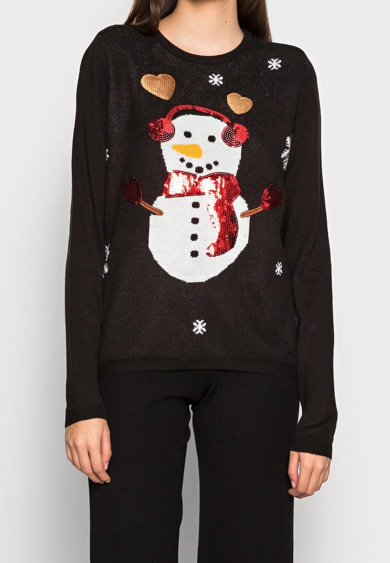 Černý pletený svetr s designem sněhuláka obšitým flitry, červenými akcenty, sněhovými vločkami a srdíčky. Kroužkový výstřih a dlouhé rukávy.