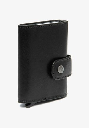 Black leather wallet with a smooth texture, rectangular shape, and a snap-button closure. Features a visible stitching detail along the edges.
