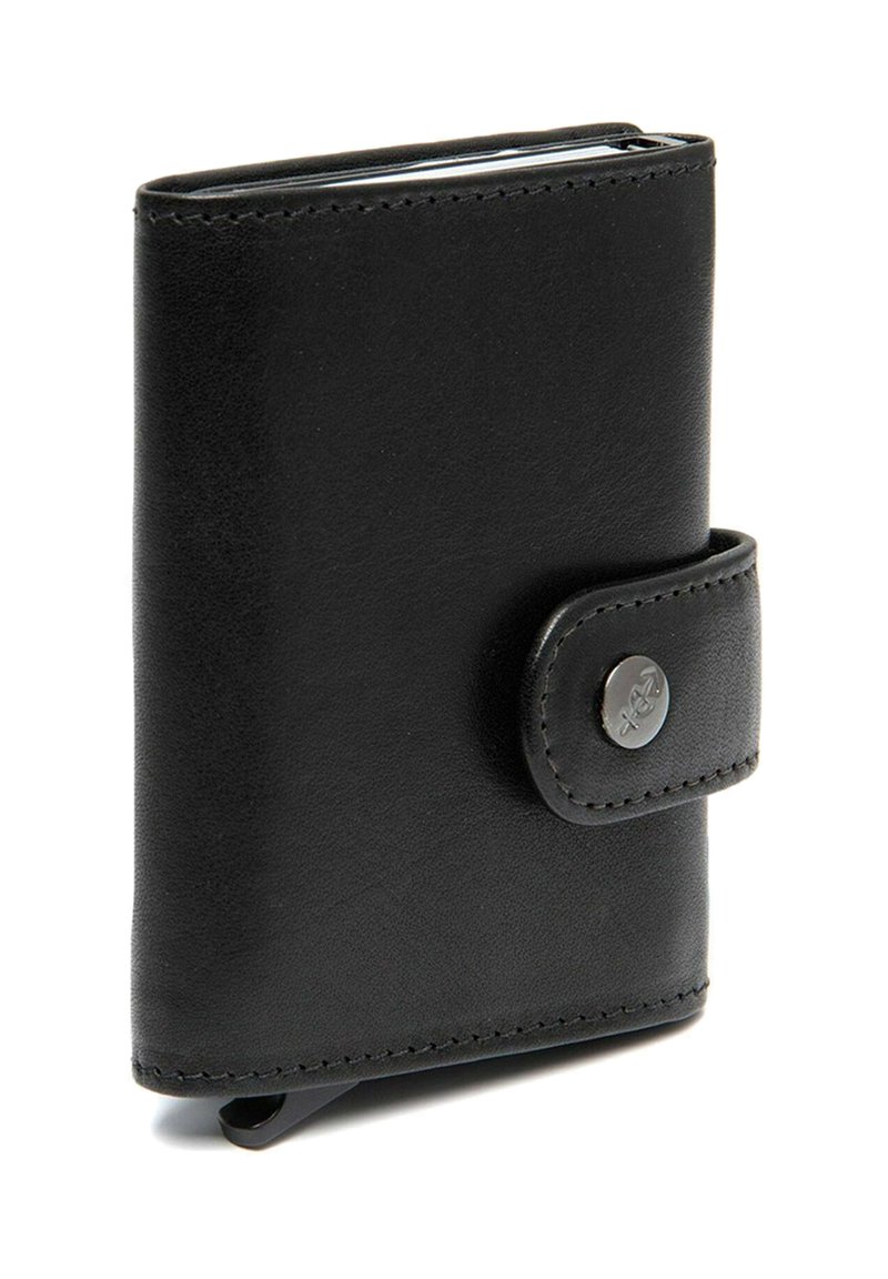 Portafoglio in pelle nera con una texture liscia, forma rettangolare e chiusura a bottone a pressione. Presenta un dettaglio di cucitura visibile lungo i bordi.