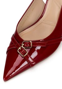 Pantofi cu toc înalt din piele lacuită roșie, cu vârful ascuțit. Au o curea lată cu două catarame aurii pe partea superioară. Textură netedă.