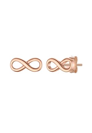 Rose gold infinity-shaped stud earrings with a smooth, polished finish and a butterfly clasp for secure fastening. Simple and elegant design.