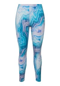 Leggings realizzati in tessuto elasticizzato con un motivo marmorizzato blu e viola che si avvolge. Texture morbida con un alto girovita per garantire comfort.