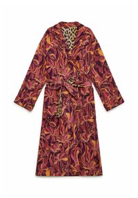 Accappatoio lungo floreale color borgogna, con motivi rosa e gialli. Include un dettaglio interno con stampa leopardata e una cintura abbinata.