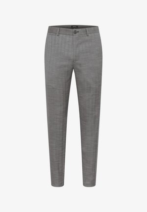 Grå skräddarsydda byxor, lätt tyg, slät front, sidfickor, smal passform, jämn yta, subtilt mönster, metallknappstängning.